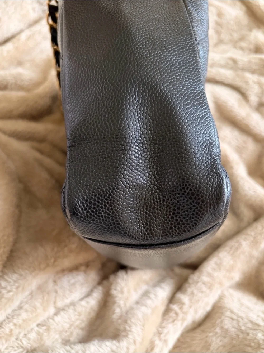 CHANEL Black Quilted Caviar Leather Shoulder Tote with Gold Chain